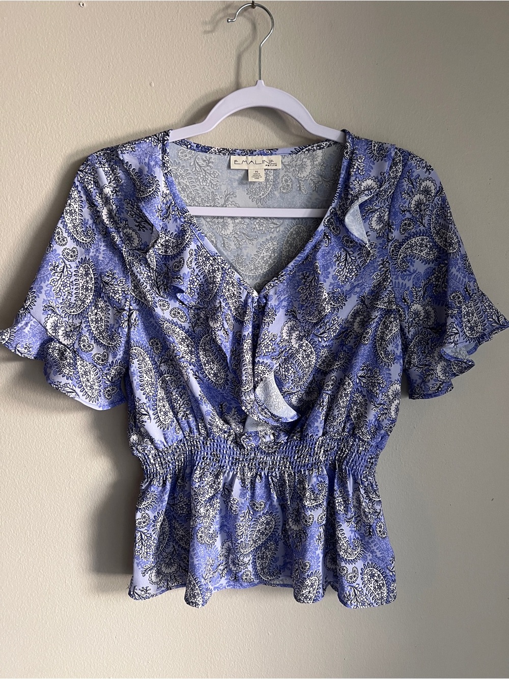 Emaline Petite S Lavender Paisley Chiffon Smocked Waist V-Neck‎ Blouse